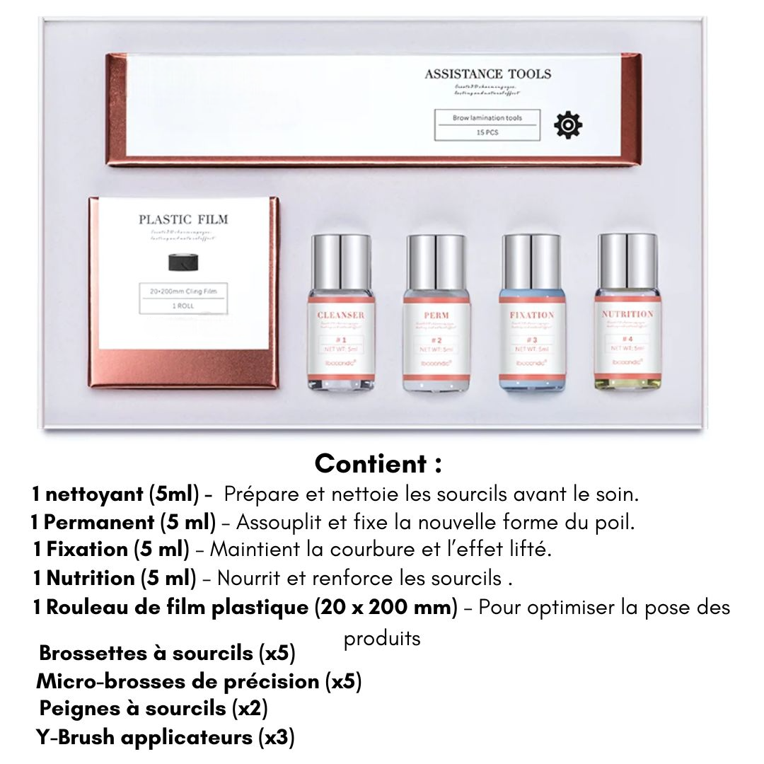 Contenu du kit rehaussement de sourcils Glowips™ avec 4 produits et accessoires pour brow lamination à domicile